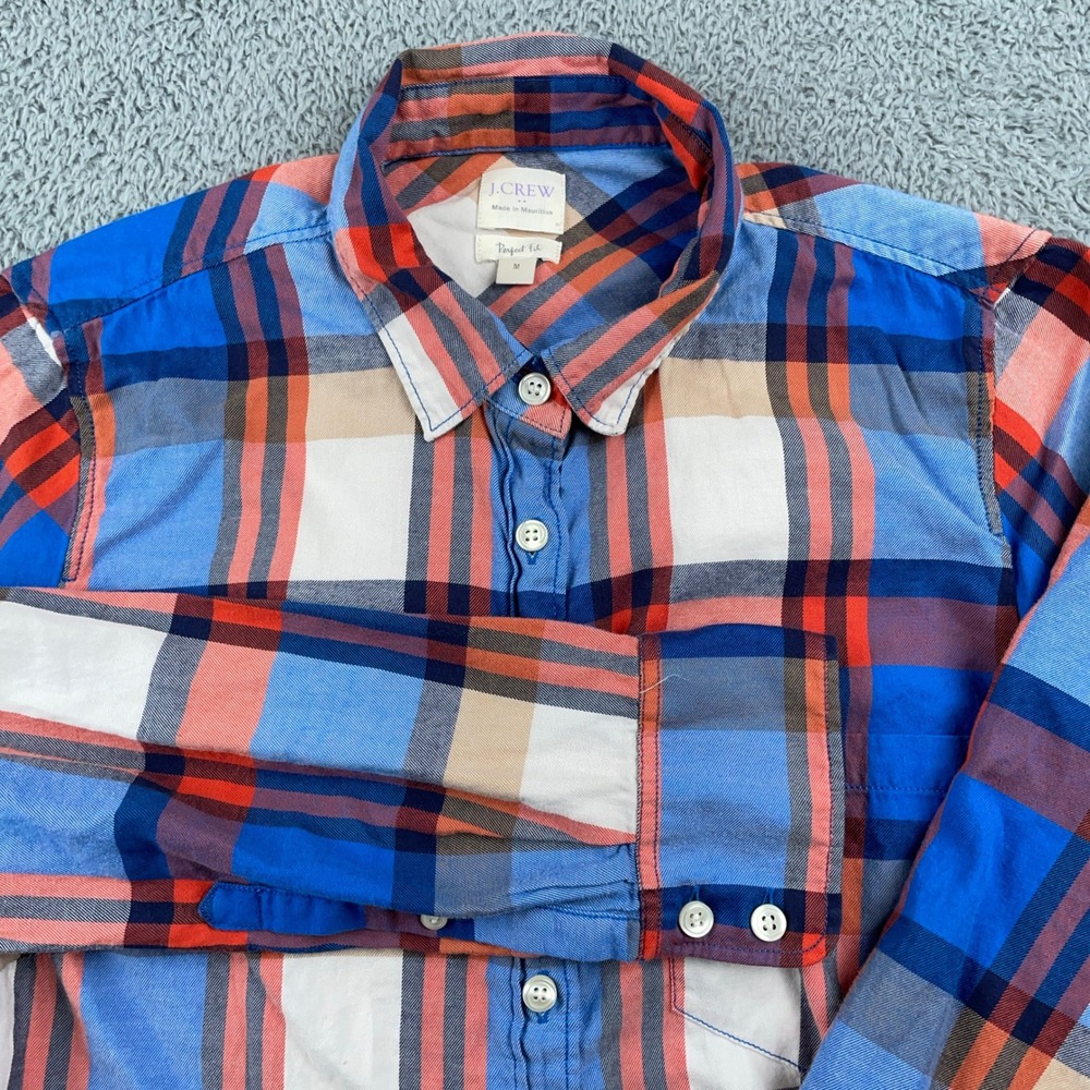 J Crew Shirt Womens Medium Plaid Perfect Fit Button Front Cotton Twill Casual
